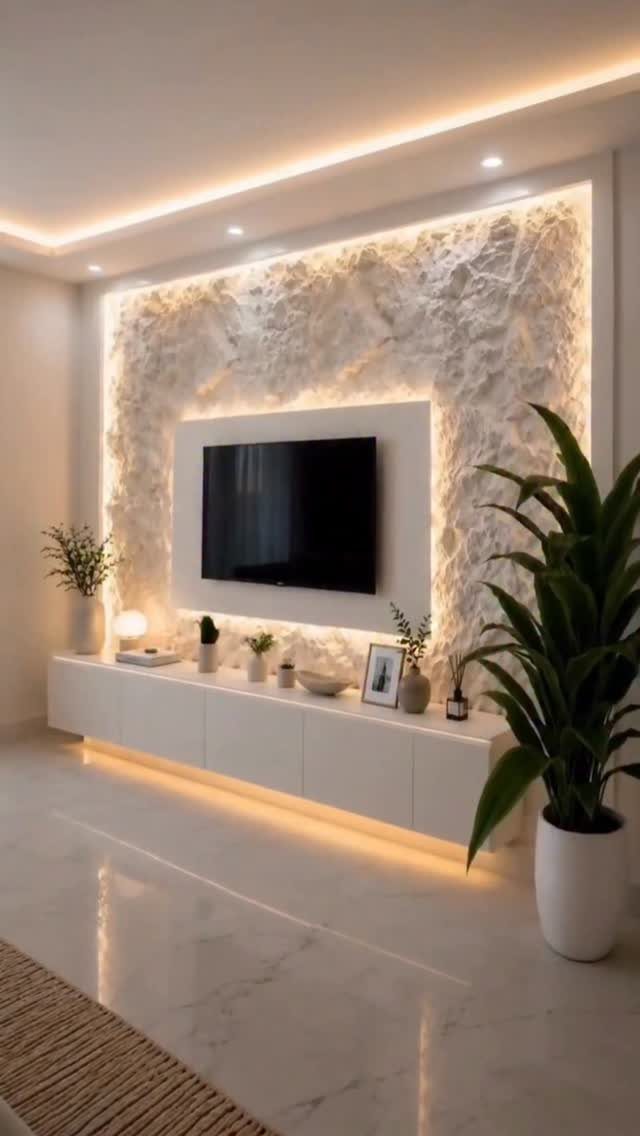 Wall-mounted TV on a textured stone feature wall with warm LED backlighting.