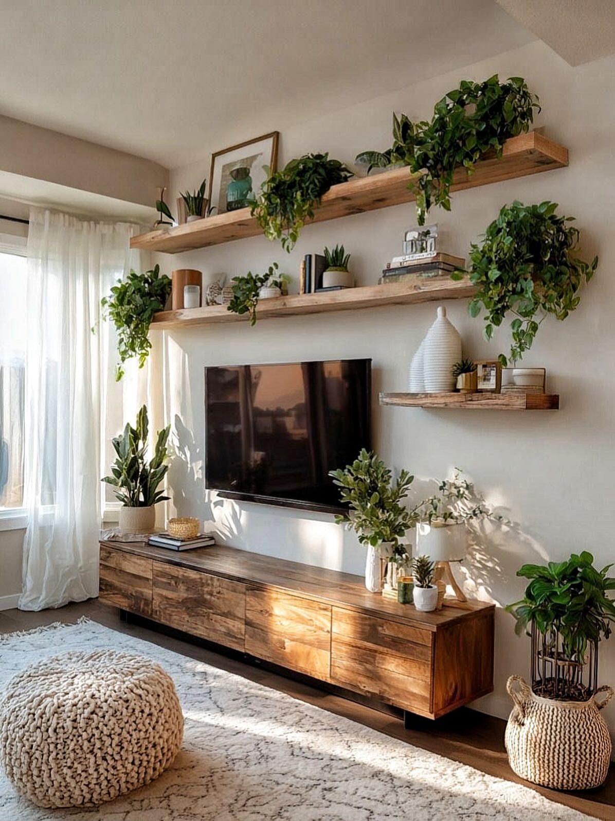 Living room TV wall decorated with wooden floating shelves and trailing green plants.