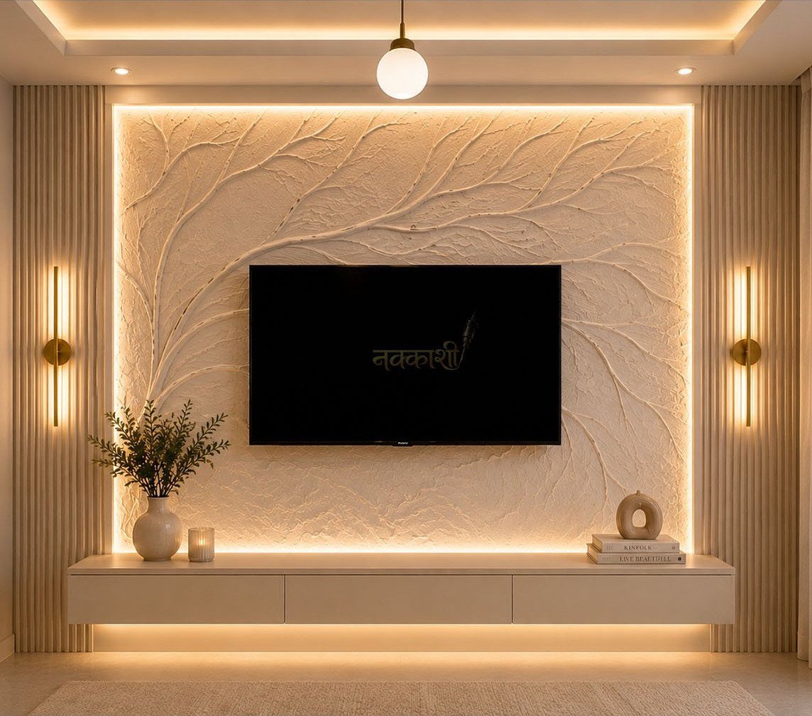 Wall-mounted TV with textured 3D wall panel, floating console, and gold wall sconces.