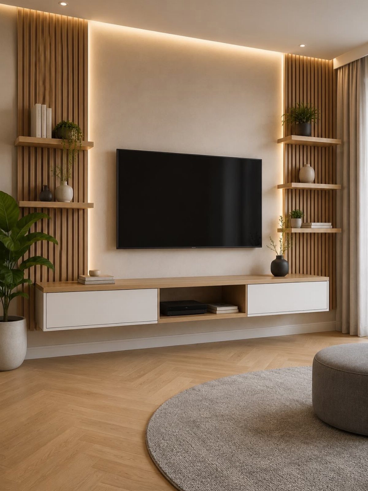 Wall-mounted TV with wood slat panels, floating shelves, and a modern media console.