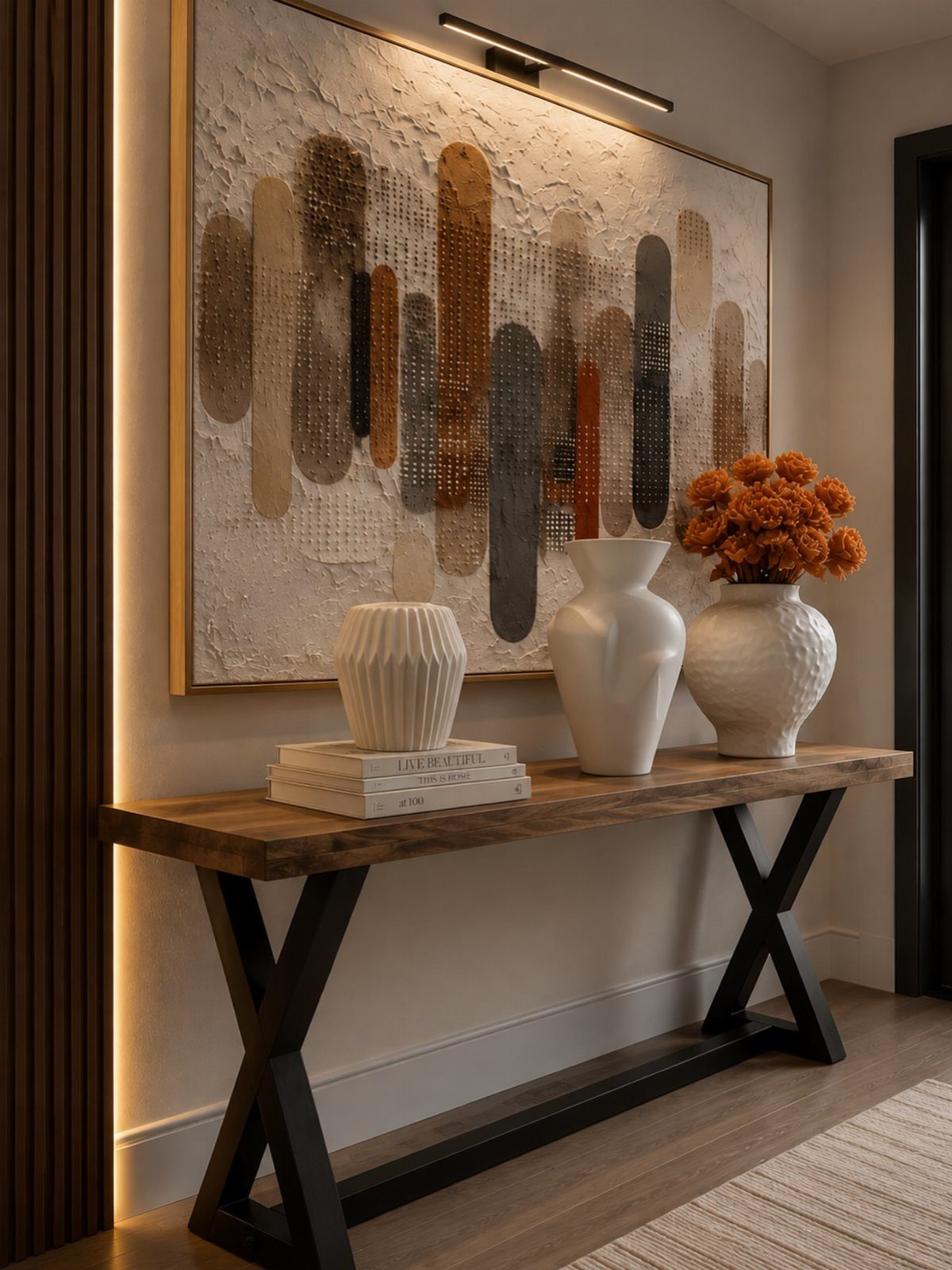 Abstract painting hanging above a wooden console table with white vases and books.