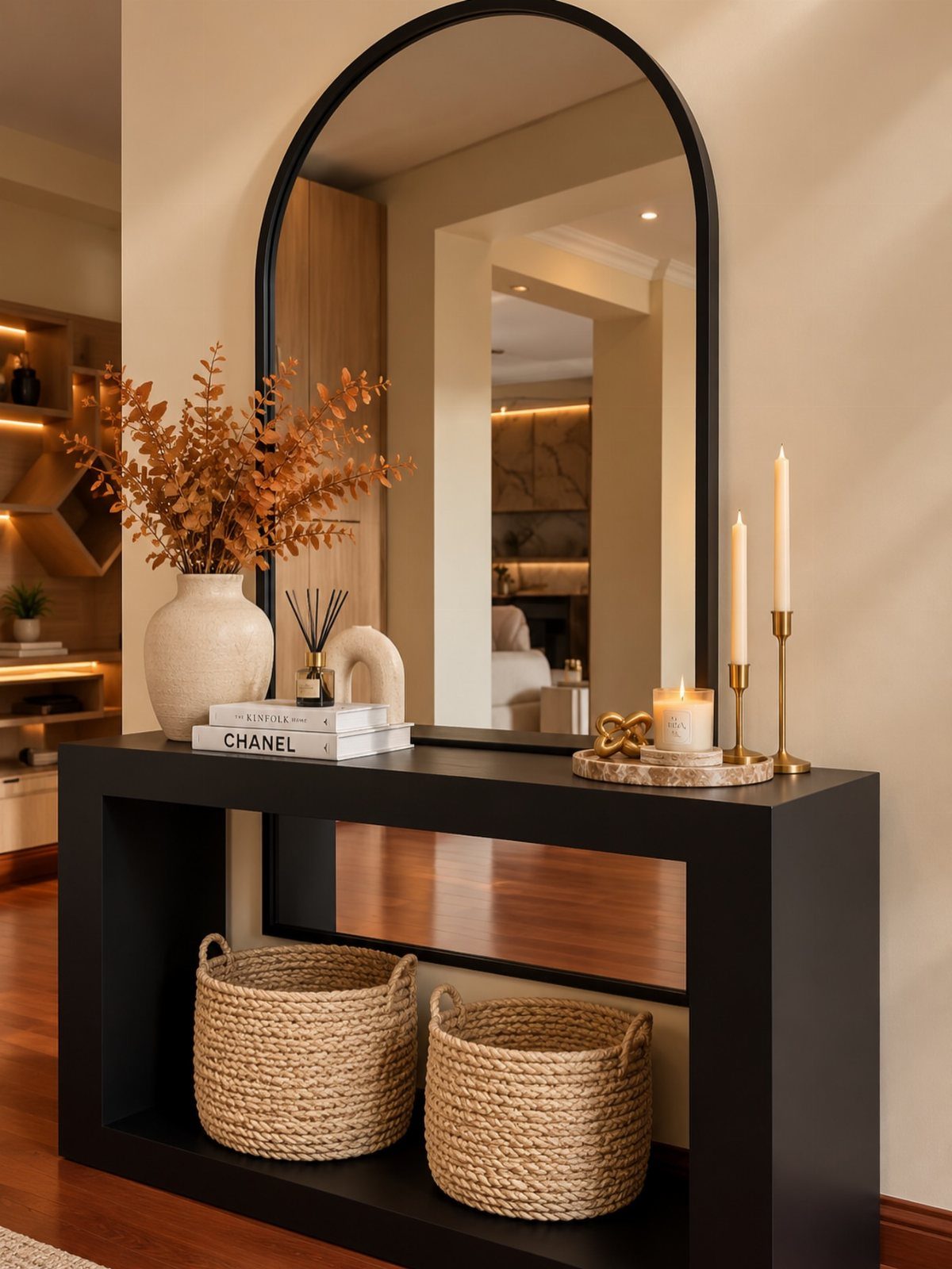 Black console table with arched mirror, dried flowers, candles, and woven baskets below.