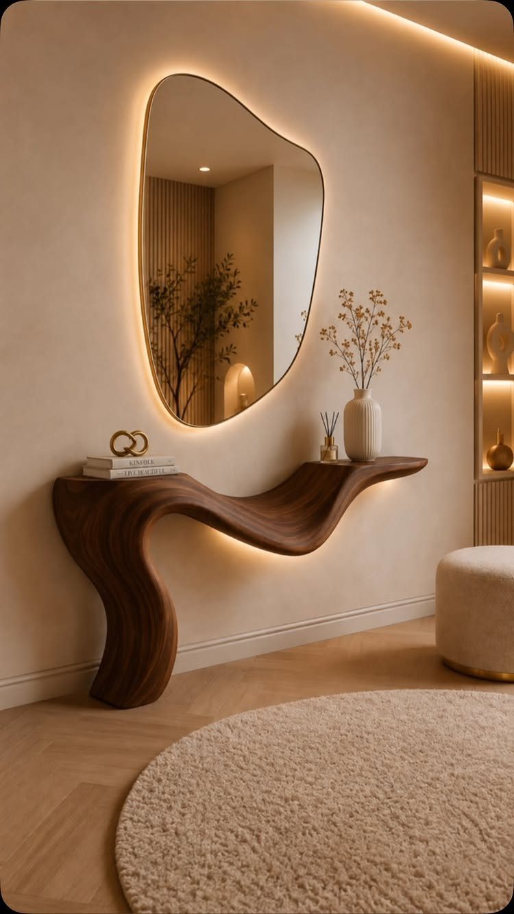 Organic dark wood console table with a white vase and backlit asymmetrical mirror.