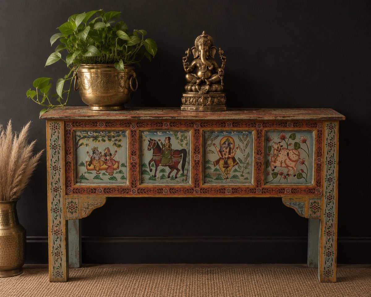 Hand-painted Indian console table with a green plant and gold Ganesha statue.