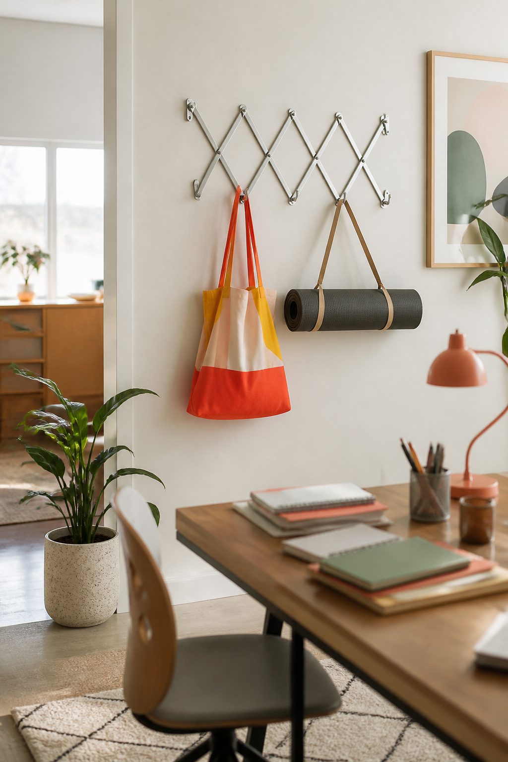 A metal accordion wall hanger displaying a tote bag and yoga mat.
