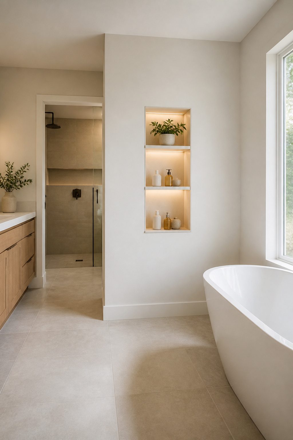 Shallow built-in niches flush with a wall, showcasing organized items.