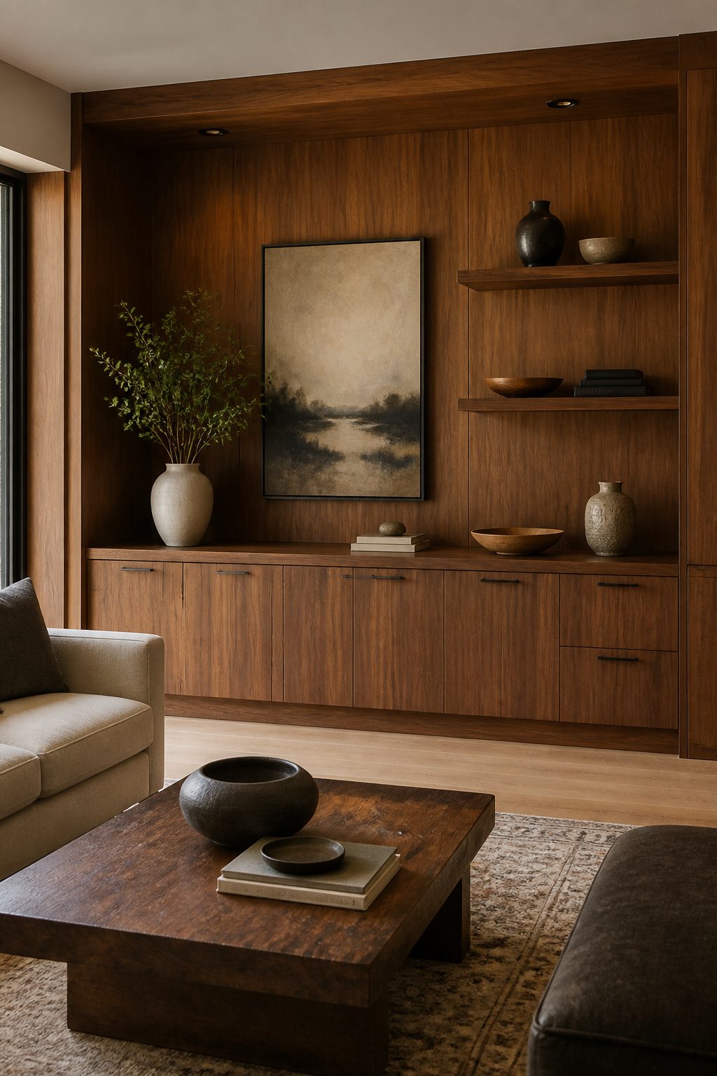 Rich wood custom cabinets spanning a wall in a living space.