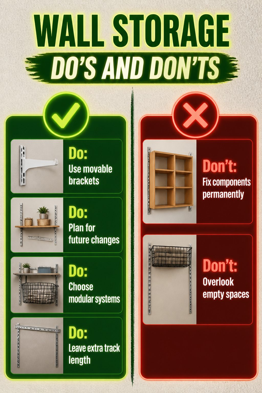 A guide showing do's and don'ts for adaptable wall storage.
