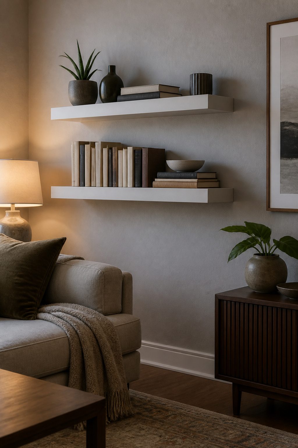 Two floating shelves with books and decorative items in a living room.