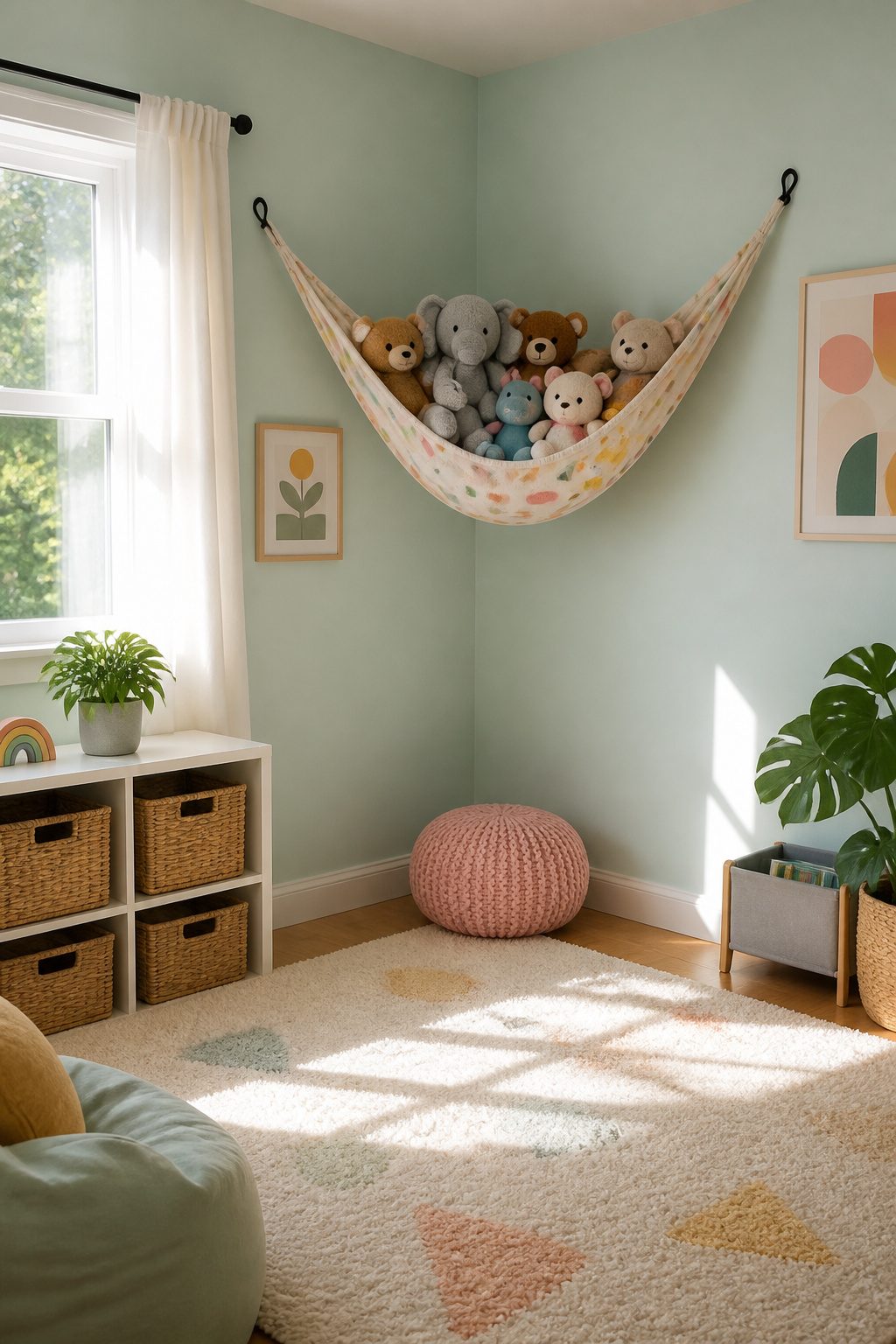 A hammock holding stuffed animals between two hooks in a bedroom.