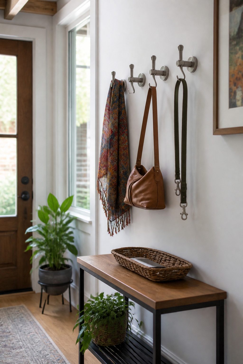 Brushed steel wall hooks displaying bags and accessories in an entryway.