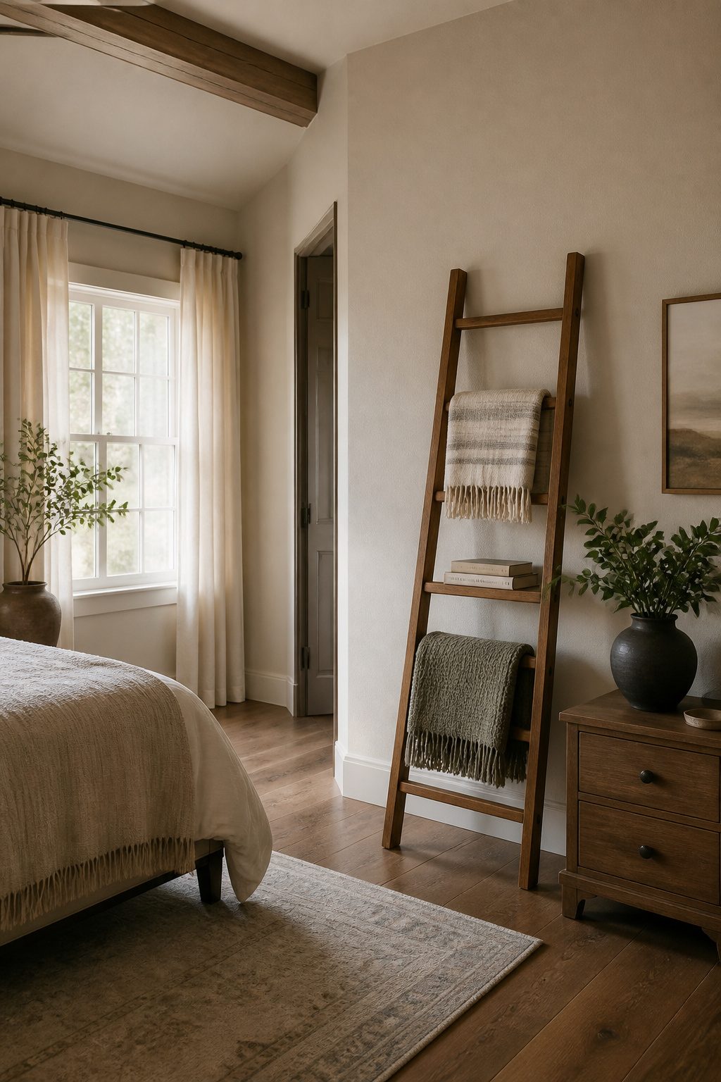 A wooden ladder leaning against a wall, holding extra blankets.