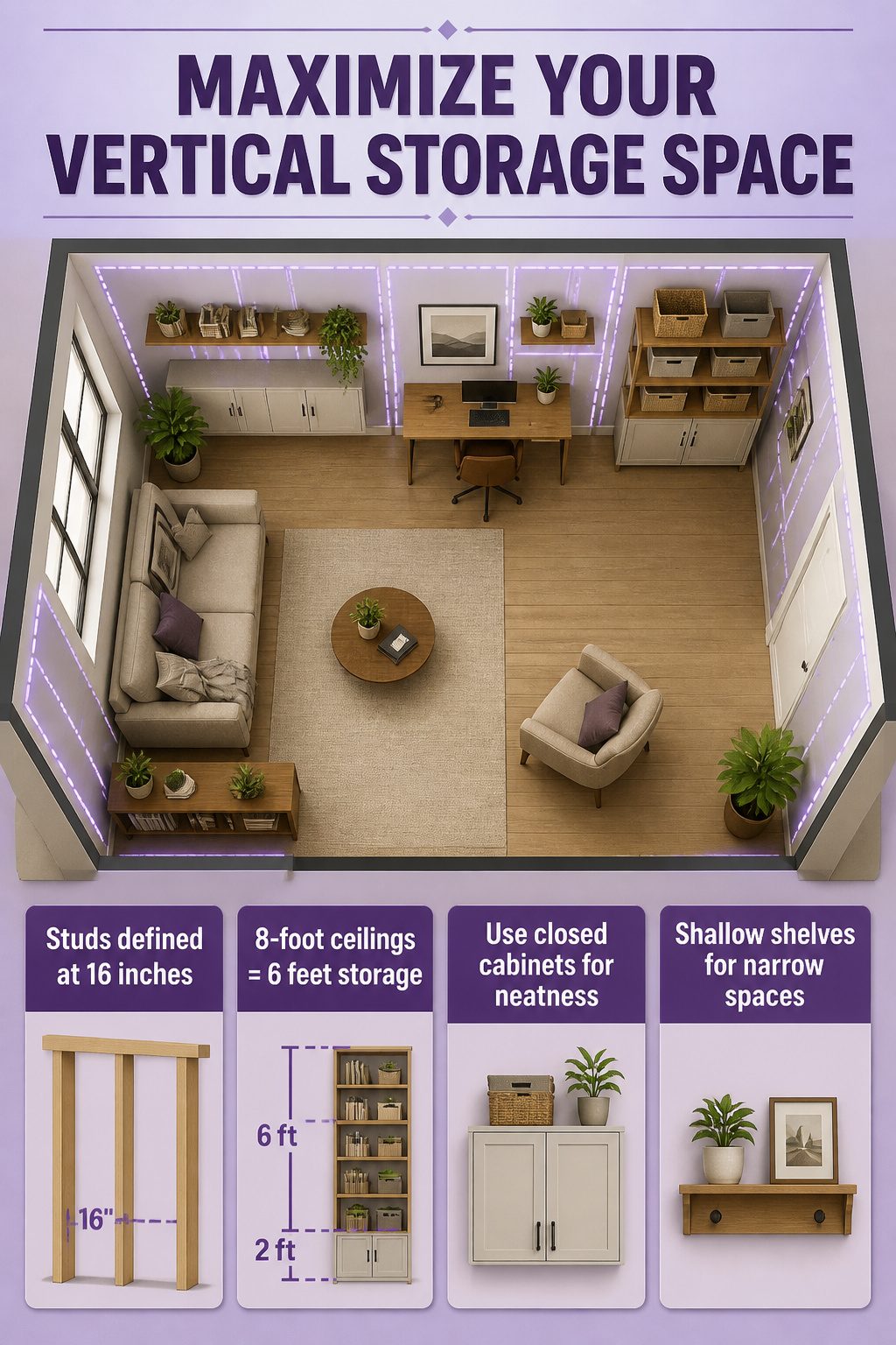 A graphic highlighting tips for maximizing vertical storage space.