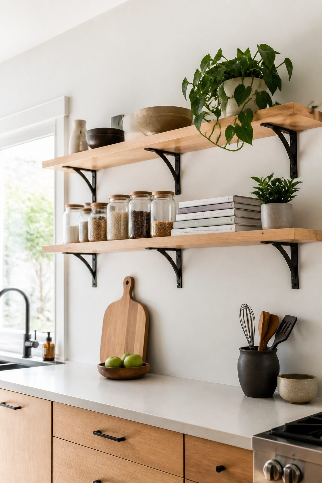 A well-styled open shelving unit with cookbooks and jars in a kitchen.