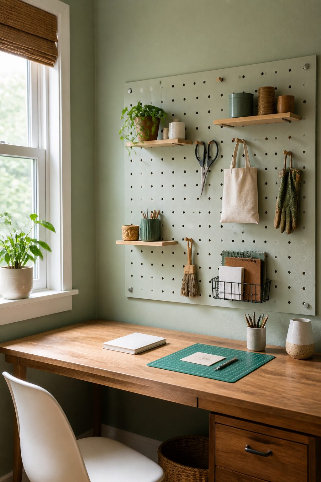 A pegboard system with hooks holding various tools in a home office.