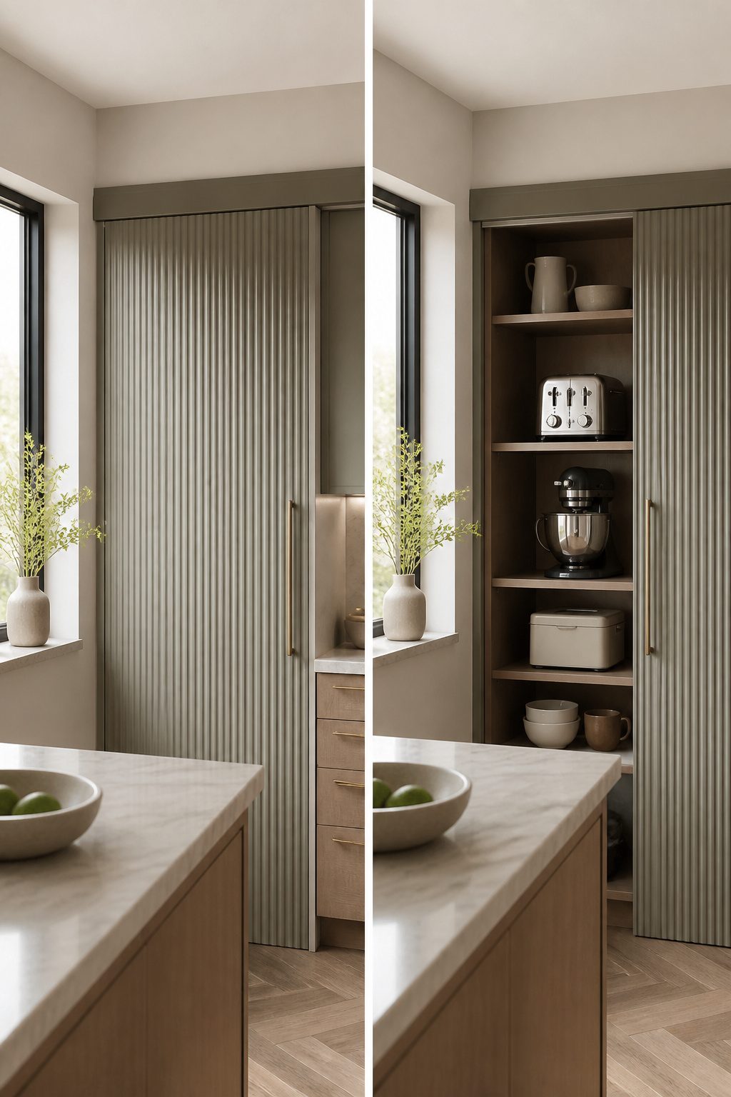 A sliding door on a wall storage unit in a compact living area.