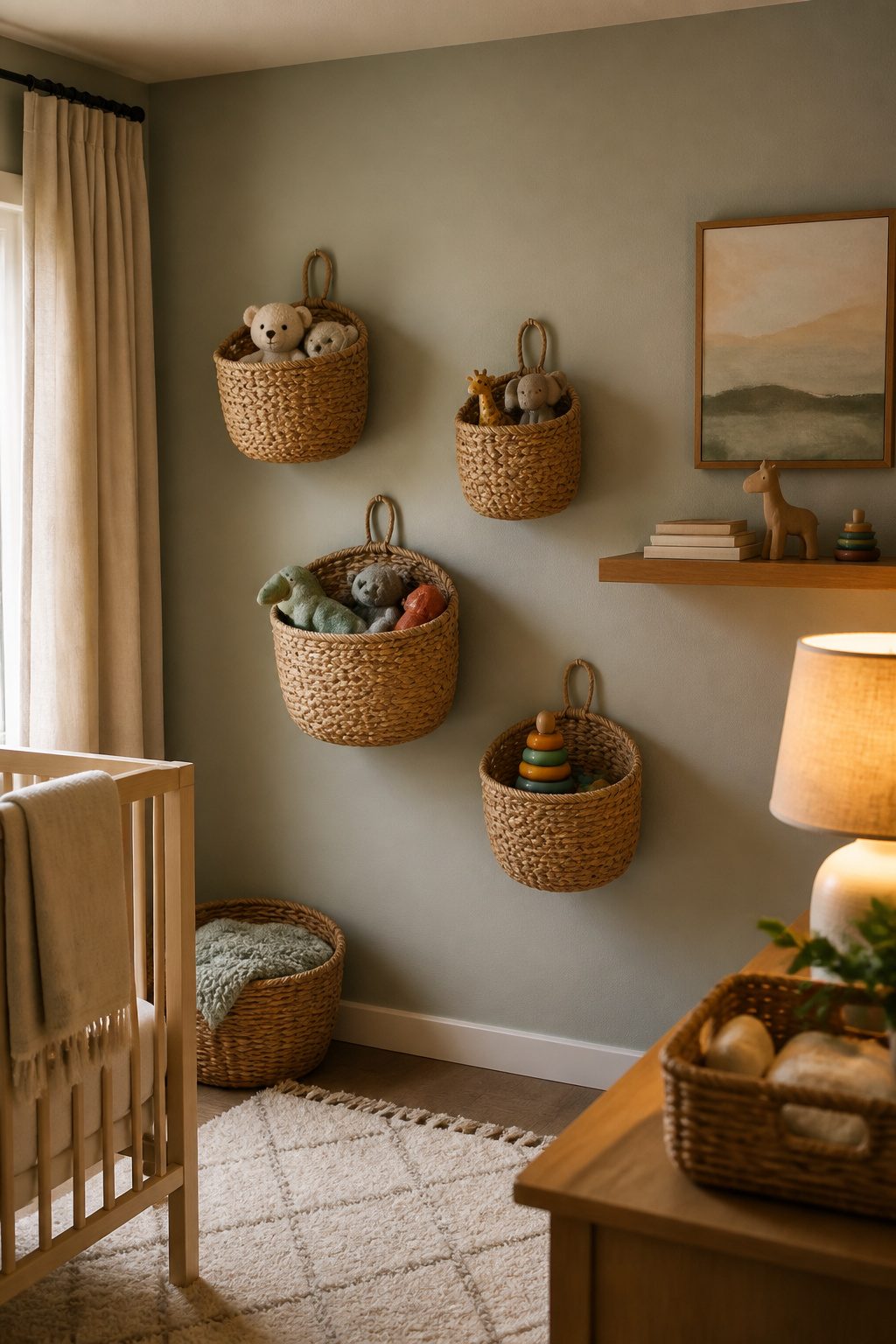 A collection of seagrass baskets hanging on a wall in a nursery.