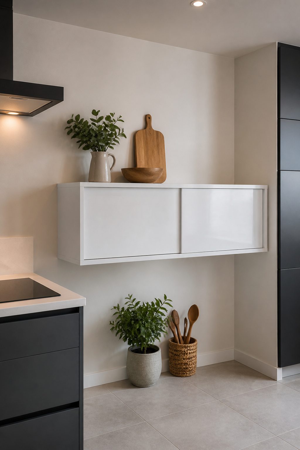A modern white wall-mounted cabinet with sliding doors in a kitchen.