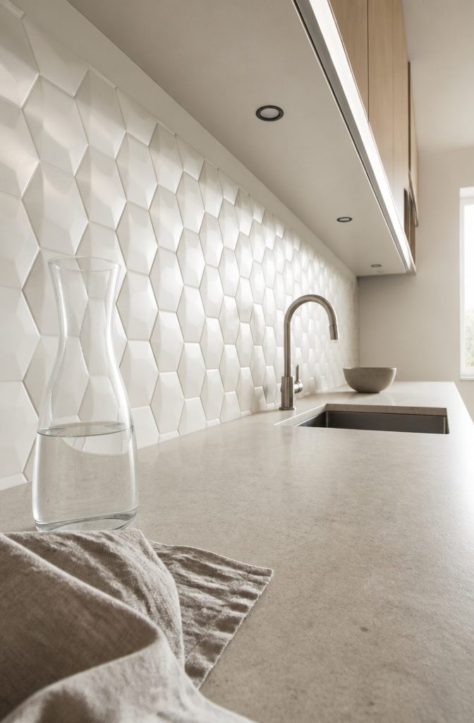 14 White Kitchen Backsplash Ideas for Any Style 12 White three-dimensional geometric tiles casting shadows behind a kitchen counter