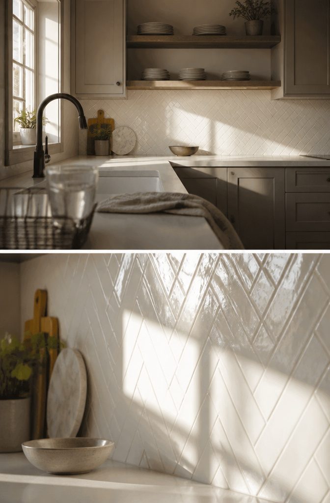14 White Kitchen Backsplash Ideas for Any Style 17 Glossy white backsplash tiles reflecting light above a kitchen counter