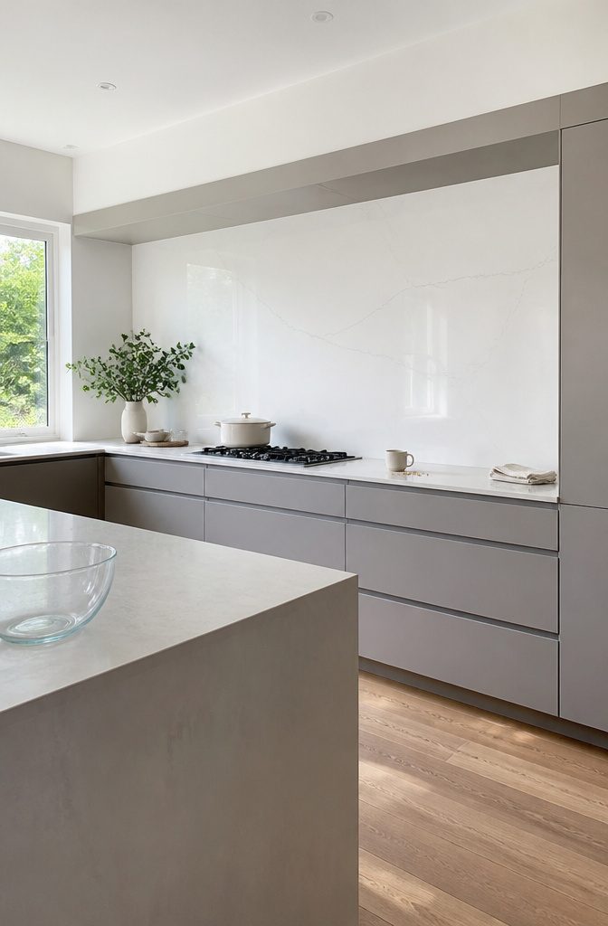 14 White Kitchen Backsplash Ideas for Any Style 11 Large white backsplash slabs with subtle veining and minimal grout behind a counter