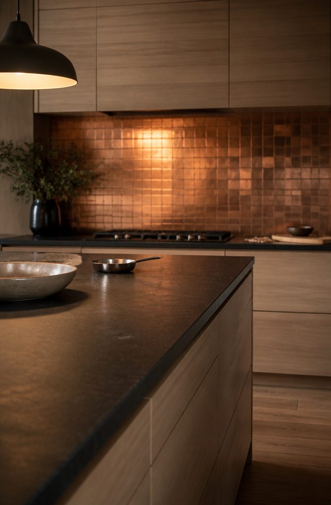 14 White Kitchen Backsplash Ideas for Any Style 9 Small brushed copper tiles behind a dark kitchen counter and white oak cabinets