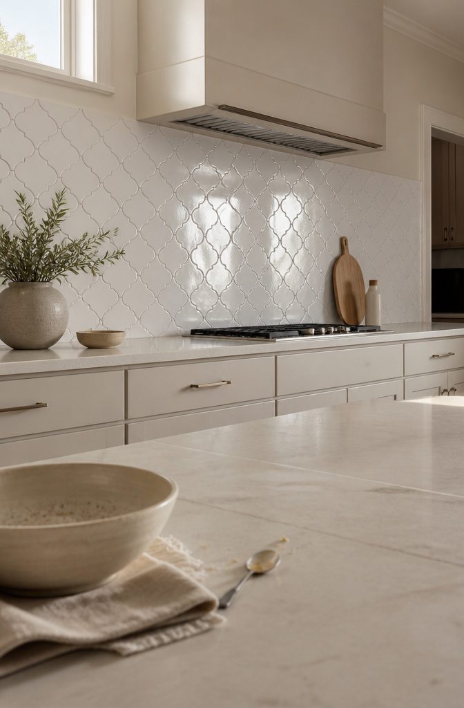 14 White Kitchen Backsplash Ideas for Any Style 15 Glossy white interlocking curved tiles above a pale kitchen countertop