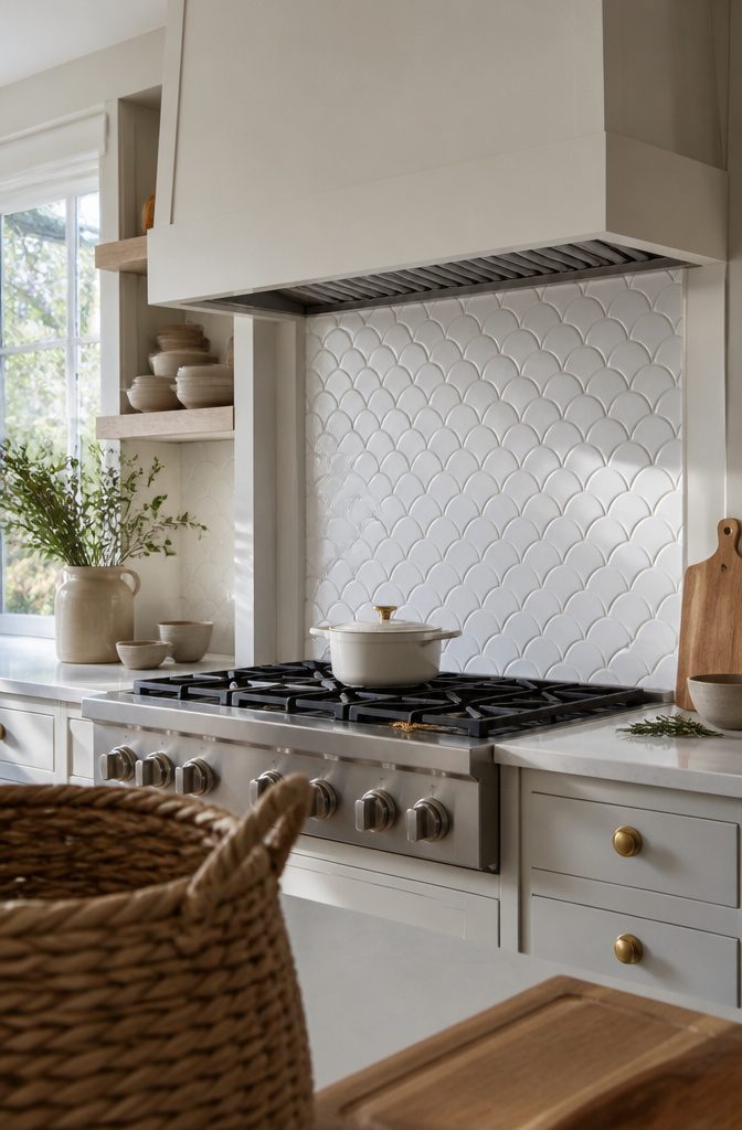14 White Kitchen Backsplash Ideas for Any Style 14 Glossy white scalloped tiles behind a range in a pale coastal kitchen