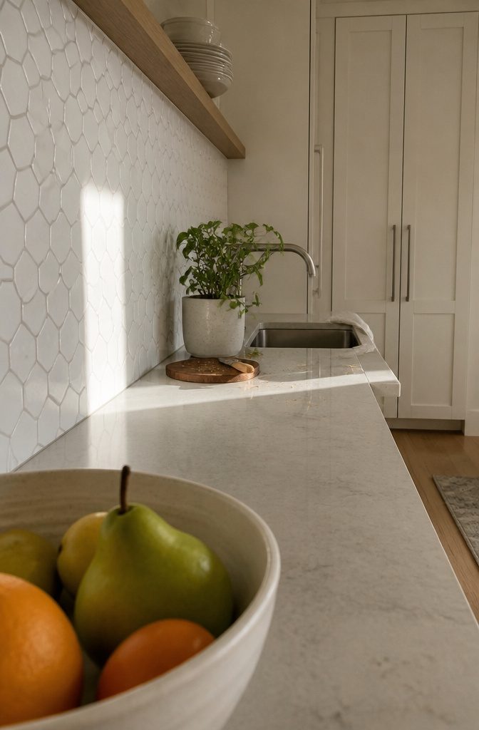 14 White Kitchen Backsplash Ideas for Any Style 5 Matte white hexagon tiles above a compact kitchen counter with light cabinets
