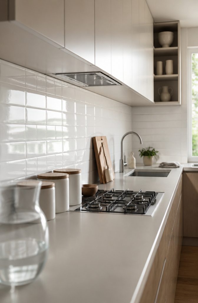 14 White Kitchen Backsplash Ideas for Any Style 8 Glossy white glass tiles reflecting light behind a kitchen counter