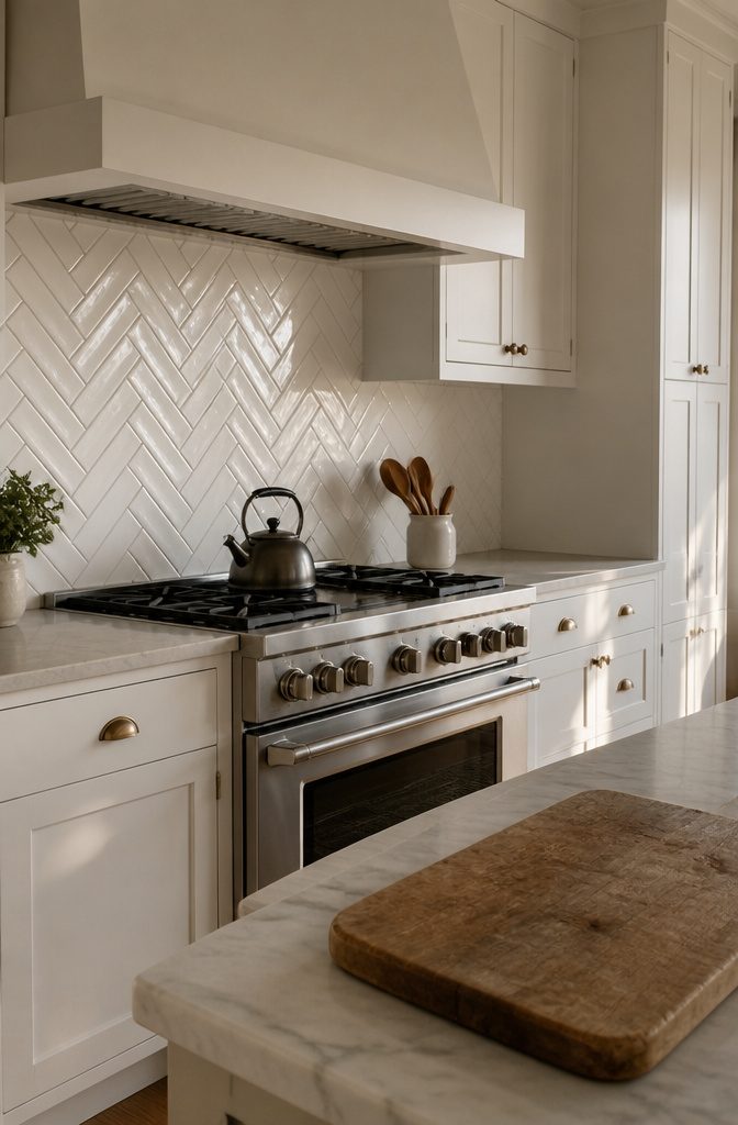 14 White Kitchen Backsplash Ideas for Any Style 4 Glossy white rectangular tiles in a herringbone pattern behind a kitchen range