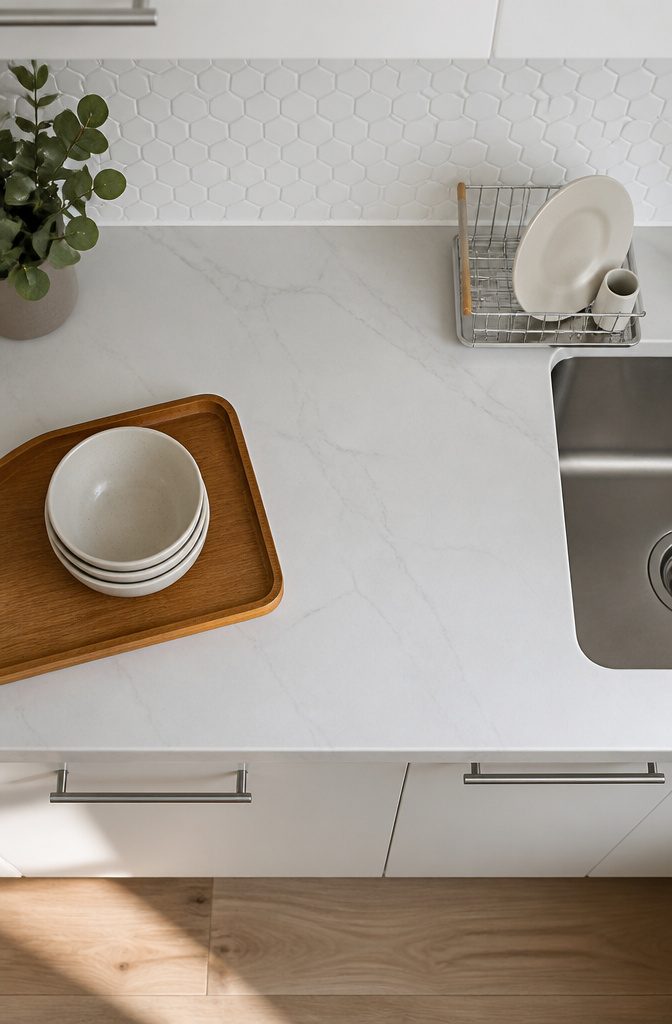 14 White Kitchen Backsplash Ideas for Any Style 7 White six-sided ceramic tiles in a honeycomb pattern behind a kitchen counter