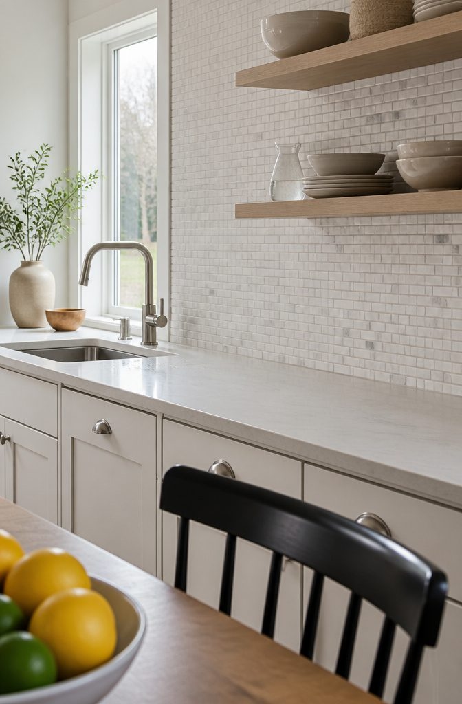 14 White Kitchen Backsplash Ideas for Any Style 3 White linear mosaic tiles with gray accents above a kitchen counter and sink