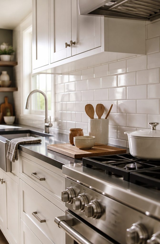 14 White Kitchen Backsplash Ideas for Any Style 2 White rectangular subway tiles in staggered horizontal rows behind a kitchen counter