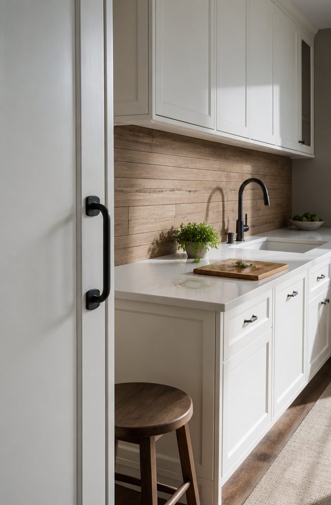 14 White Kitchen Backsplash Ideas for Any Style 10 Long brown wood-grain porcelain tiles above a white counter with black hardware