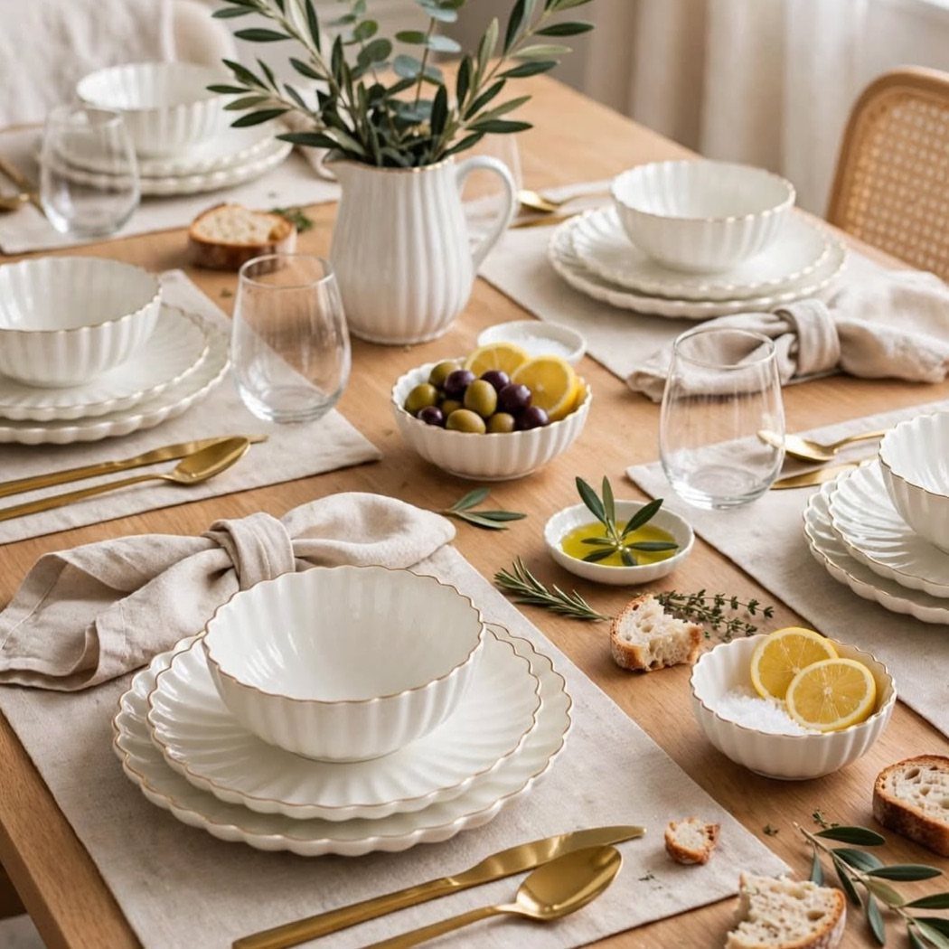White scalloped stoneware plates and bowls set on a wooden dining table.
