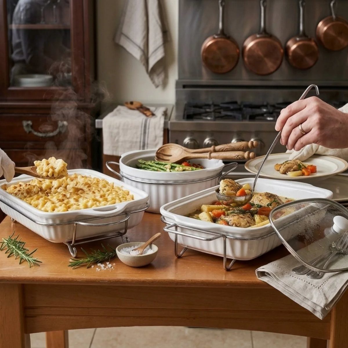 White stoneware baking dishes filled with food on a wooden kitchen table.