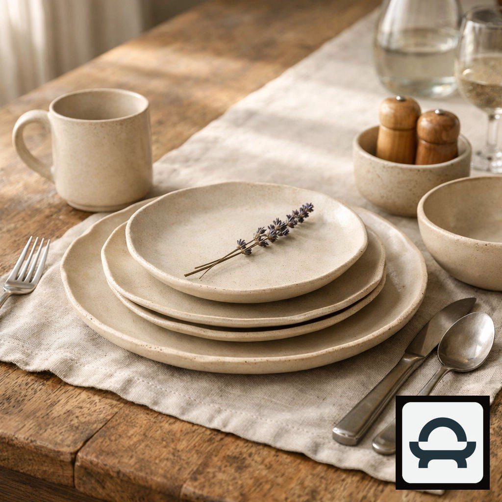 Off-white stoneware dinnerware set with a mug and plates on a linen tablecloth.