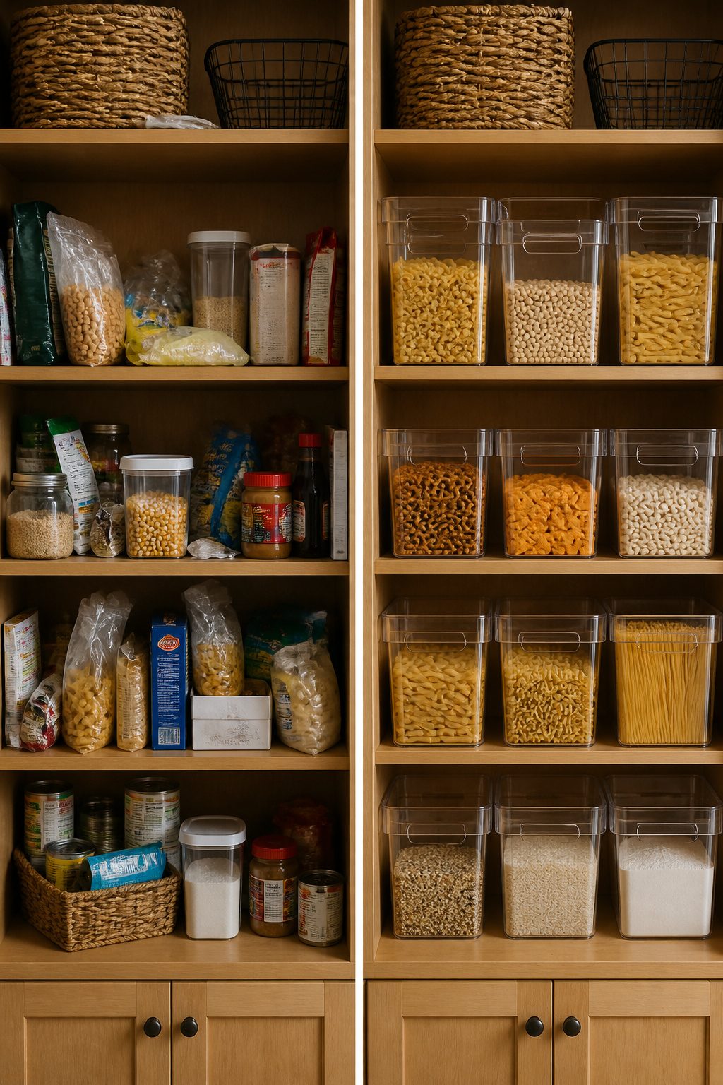 Stacked clear bins on a wooden pantry shelf.
