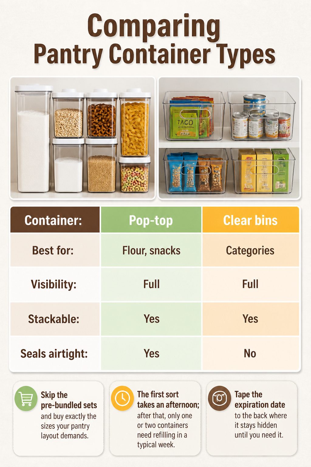 Table comparing different pantry container types.