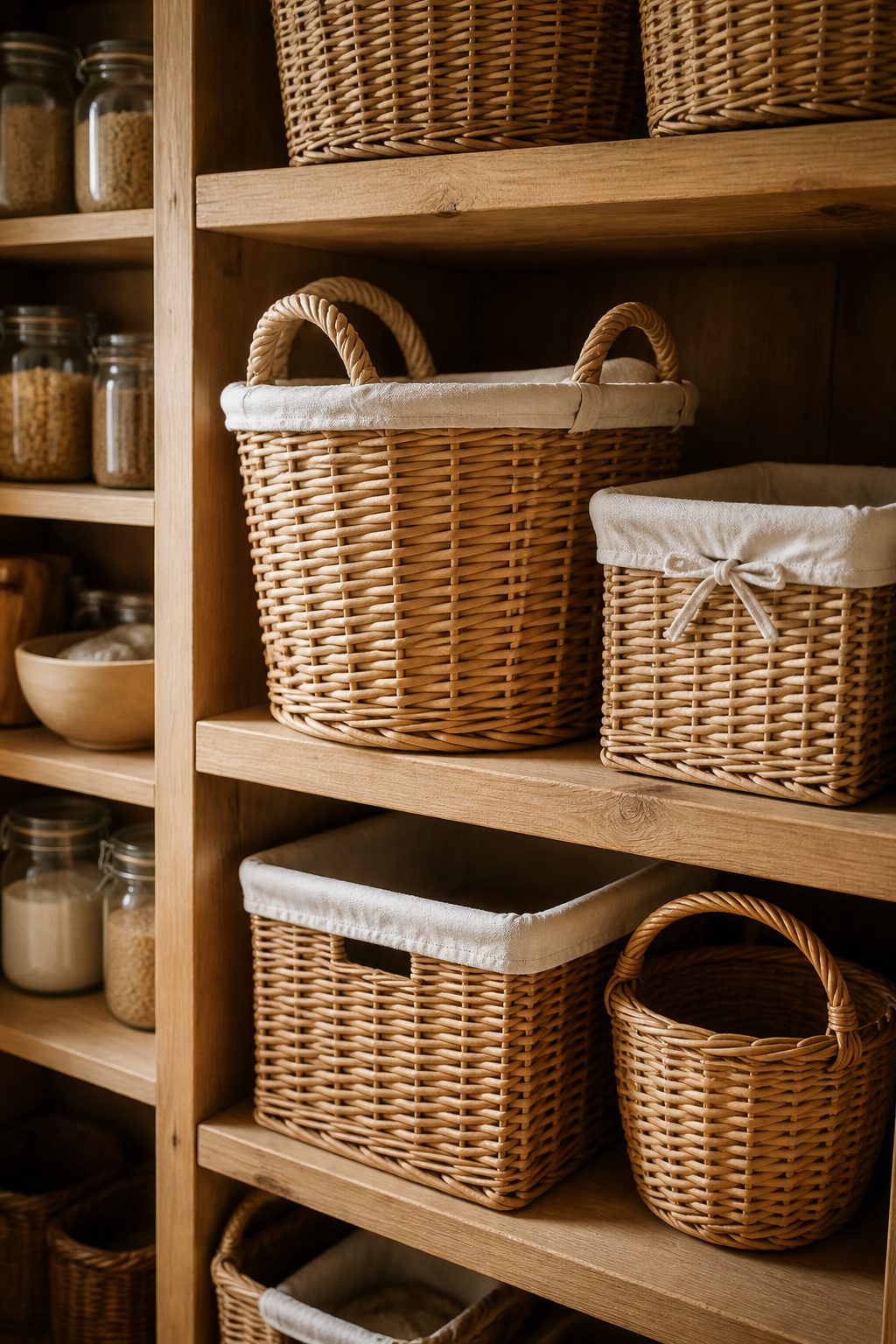 Wicker baskets arranged on pantry shelves.