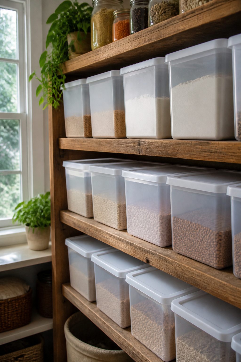 Labeled plastic bins on a wooden pantry shelf.