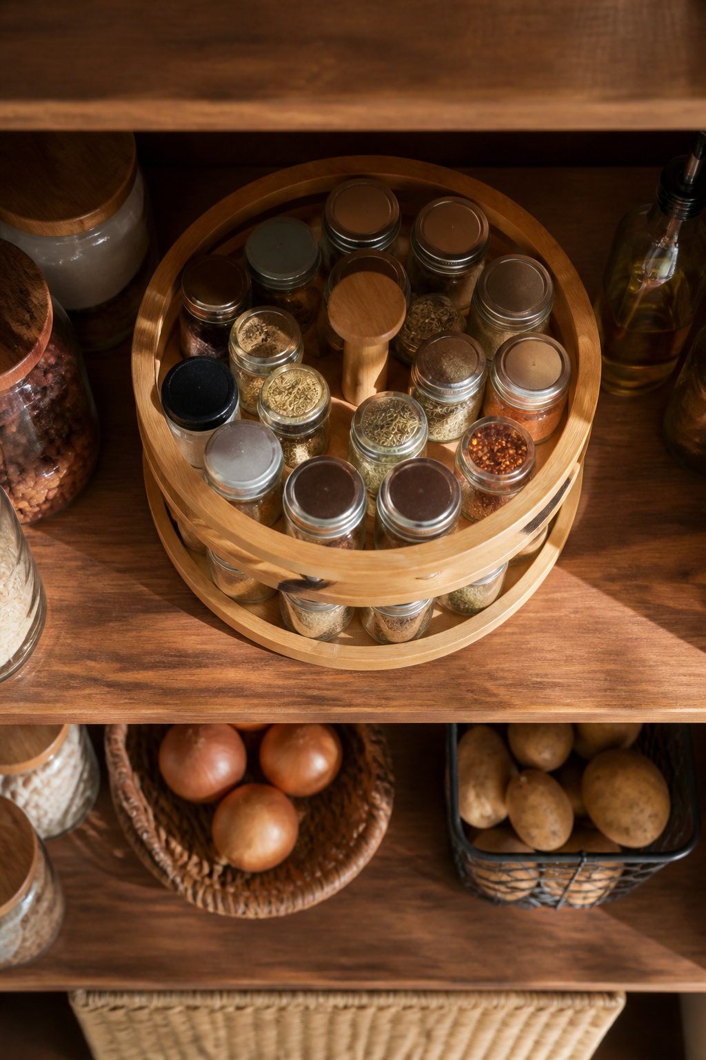 Lazy Susan with spice jars and bottles on a pantry shelf.