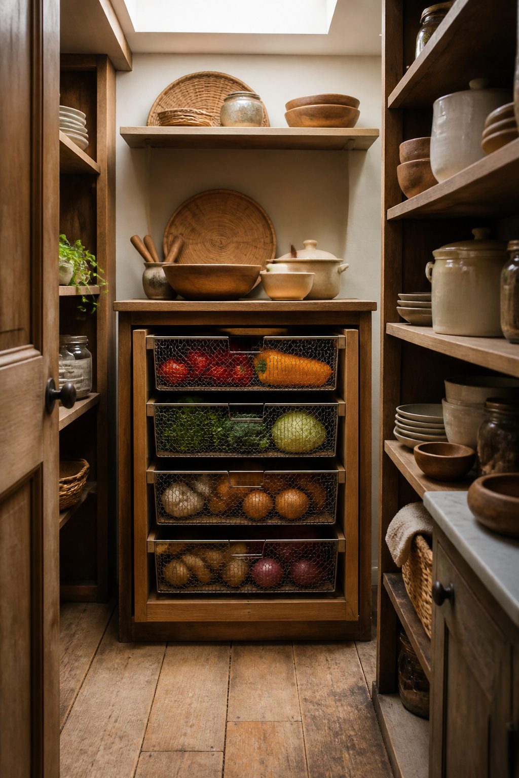 Mesh drawers filled with vegetables in a wooden pantry.