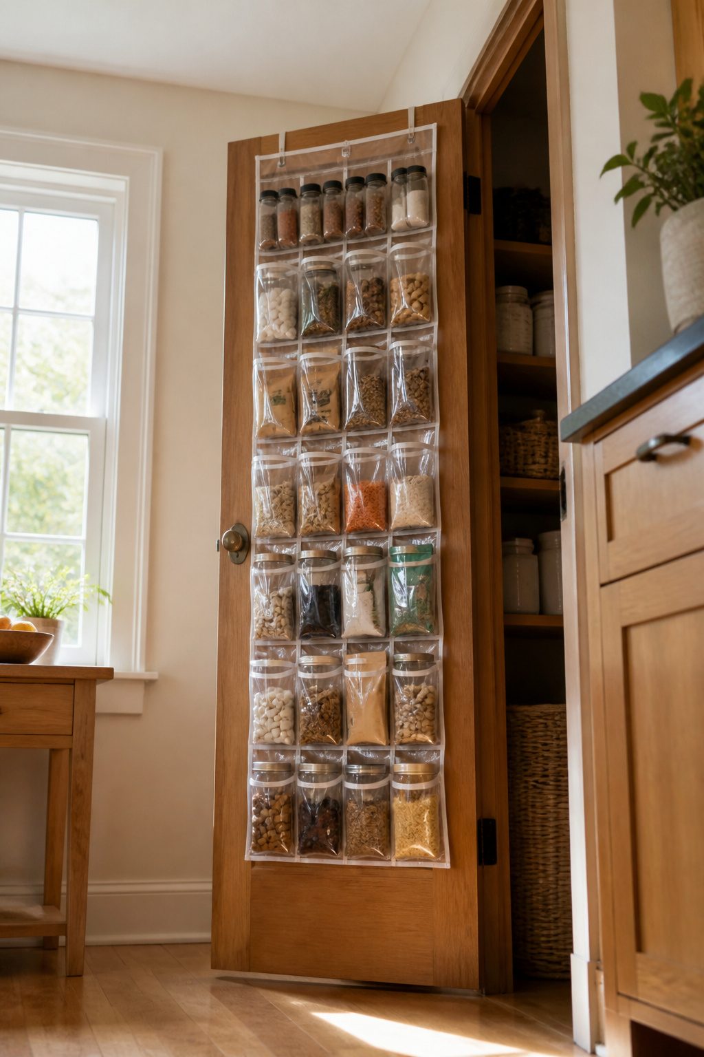 Over-the-door organizer hanging on a pantry door.