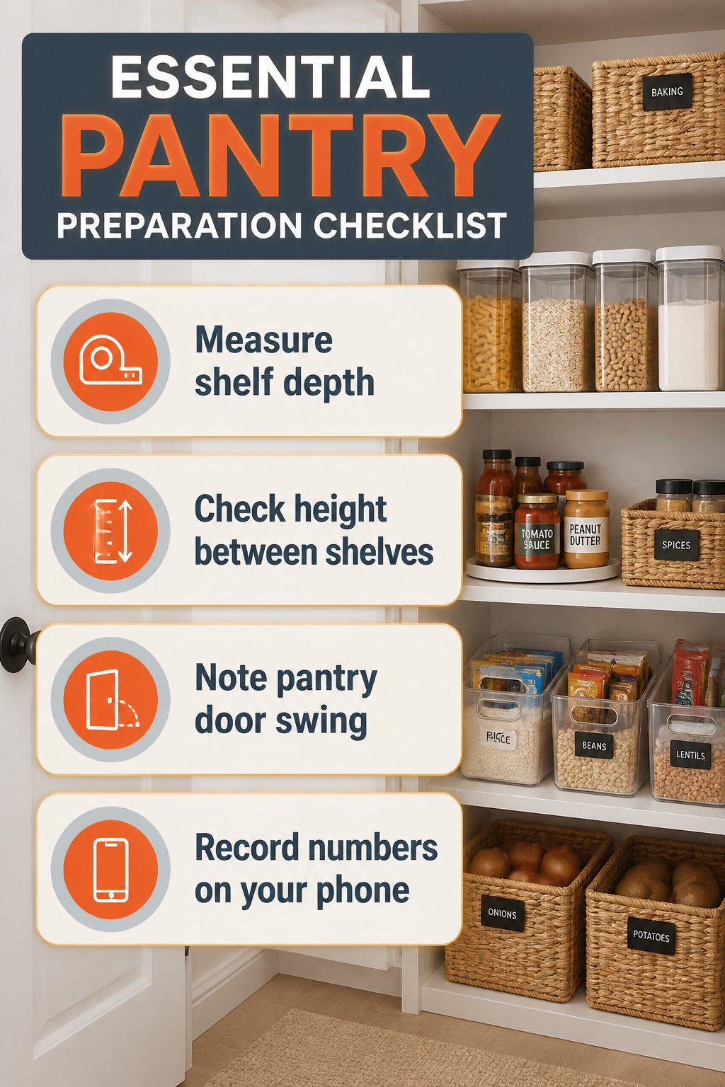 Checklist for pantry organization displayed on a wooden surface.