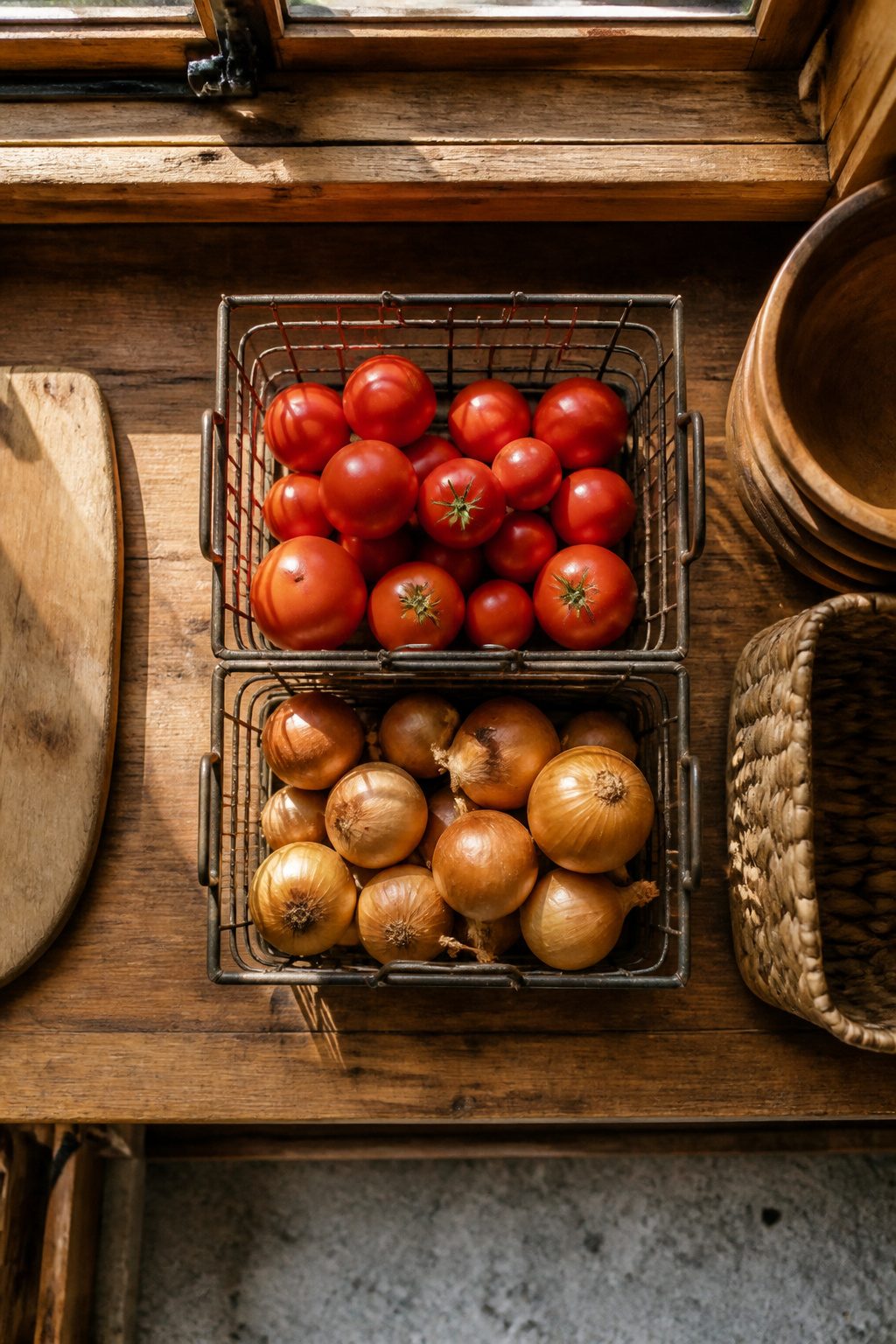 Stackable wire baskets filled with food items on pantry shelves.