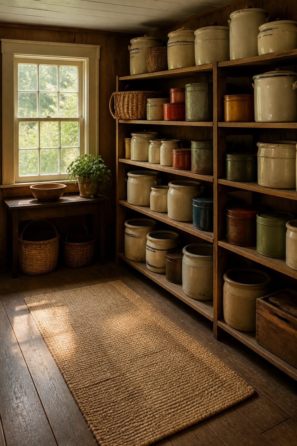 Ceramic crocks and metal tins on wooden pantry shelves.