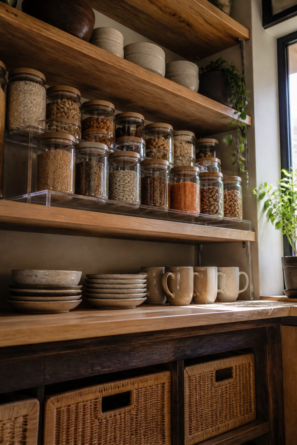 Acrylic shelf risers in use on pantry shelves.