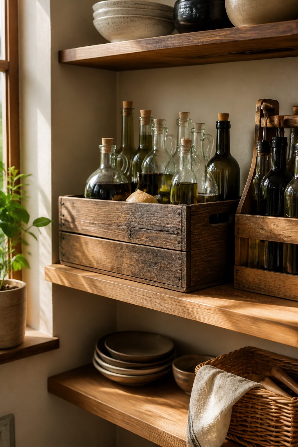 Vintage wooden crate holding jars of oil and vinegar.